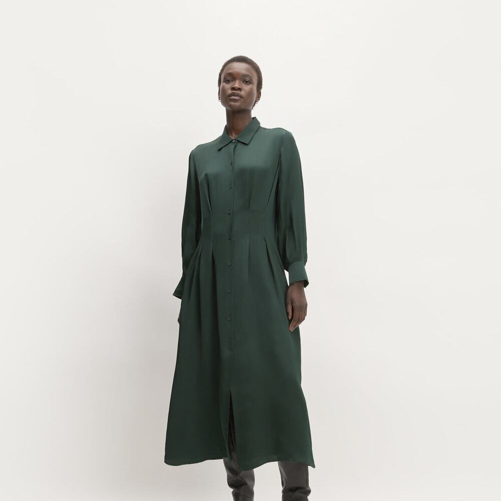 Everlane Hammered Satin Shirt Dress Green Base - Size 4